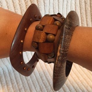 3-pc set wood bracelet/cuff brown square round